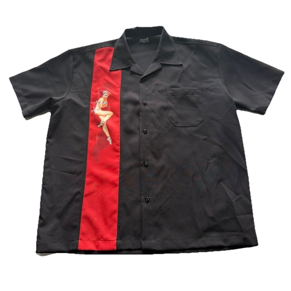 Steady Last Call Pin Up Girl Bowling Shirt Size Large Greaser Made USA Vintage